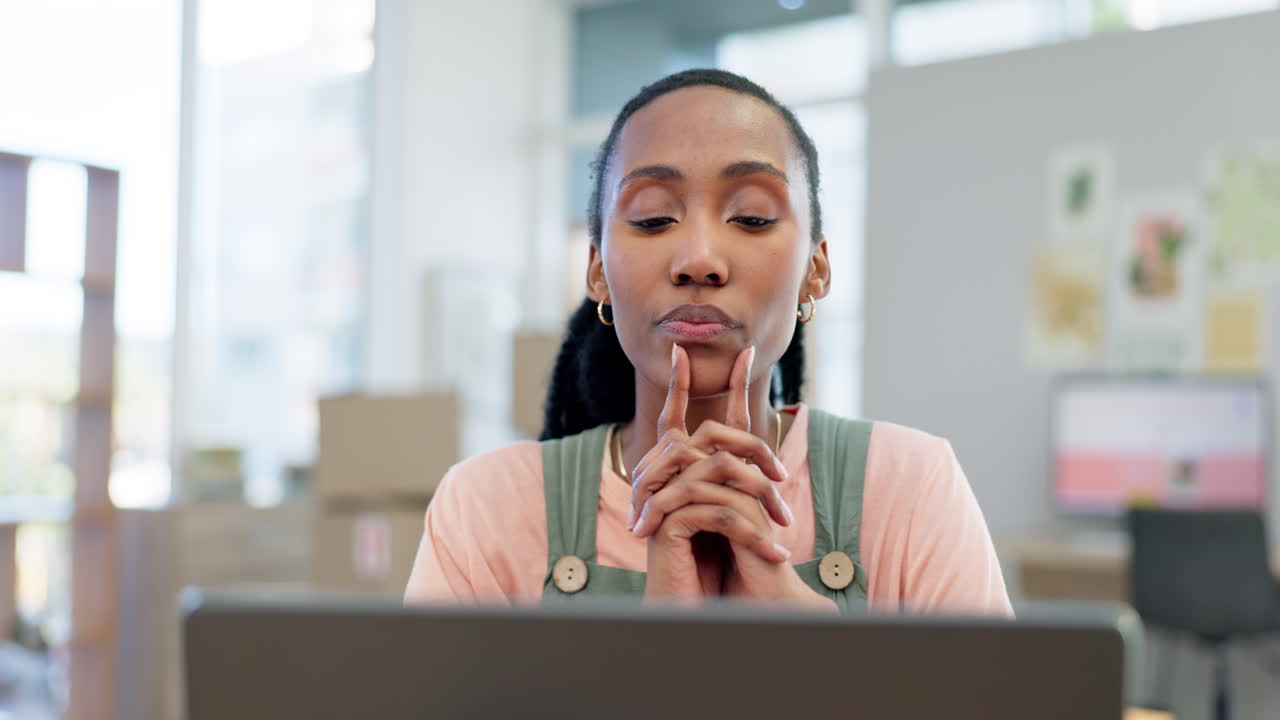 Laptop, problem solving and black woman in home