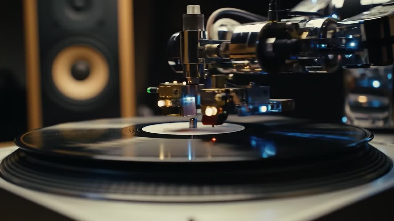 A turntable spins a vinyl record, producing rich sound in a music studio. The equipment showcases advanced technology and attention to detail, enhancing audio quality and appreciation.
