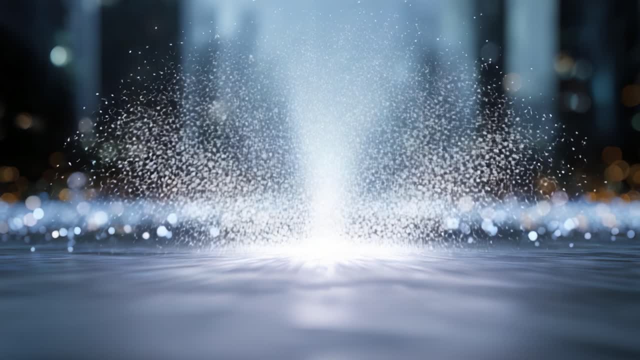 Una rappresentazione affascinante di particelle scintillanti che emanano da una fonte radiosa in un ambiente urbano futuristico, creando un'atmosfera incantevole al crepuscolo