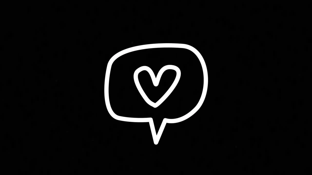 animación de un corazón de neón blanco en una burbuja de habla, sobre un fondo negro