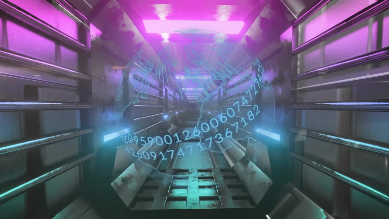 globo digital y animación de números binarios sobre el corredor futurista