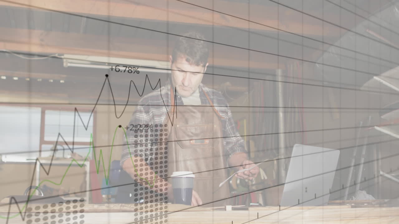 Carpenter measuring plank behind workbench, with animated business charts showing percentage growth