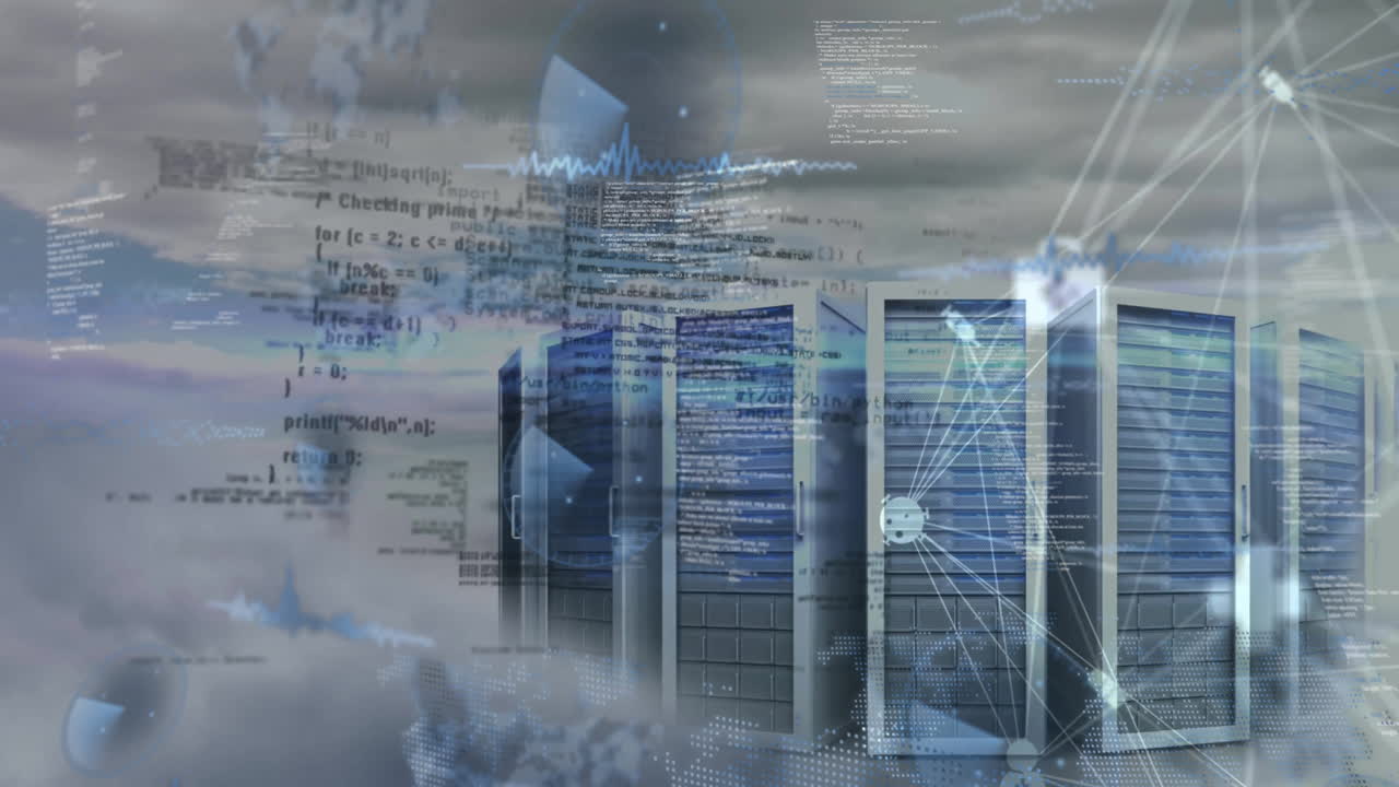Animation of computer servers in clouds and network of connections with icons