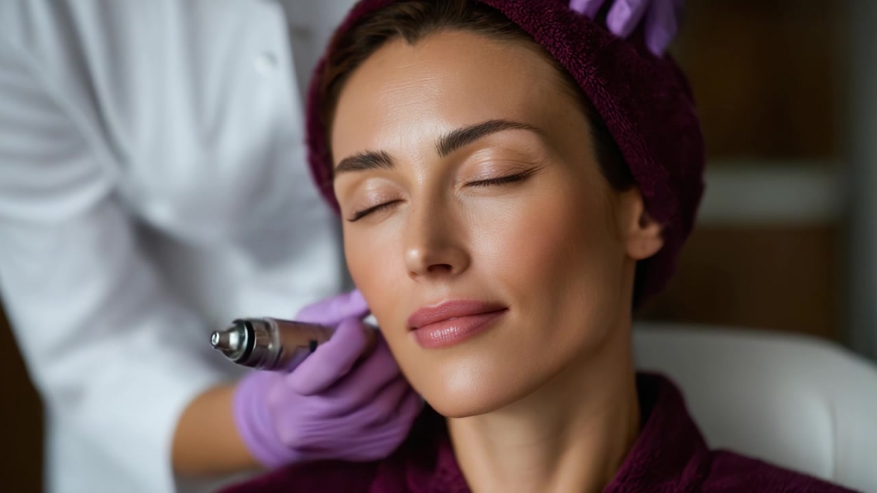 Trattamento di bellezza rilassante: Una donna si gode un trattamento viso mentre riceve cure esperte da un'estetista qualificata che utilizza un dispositivo di microneedling.