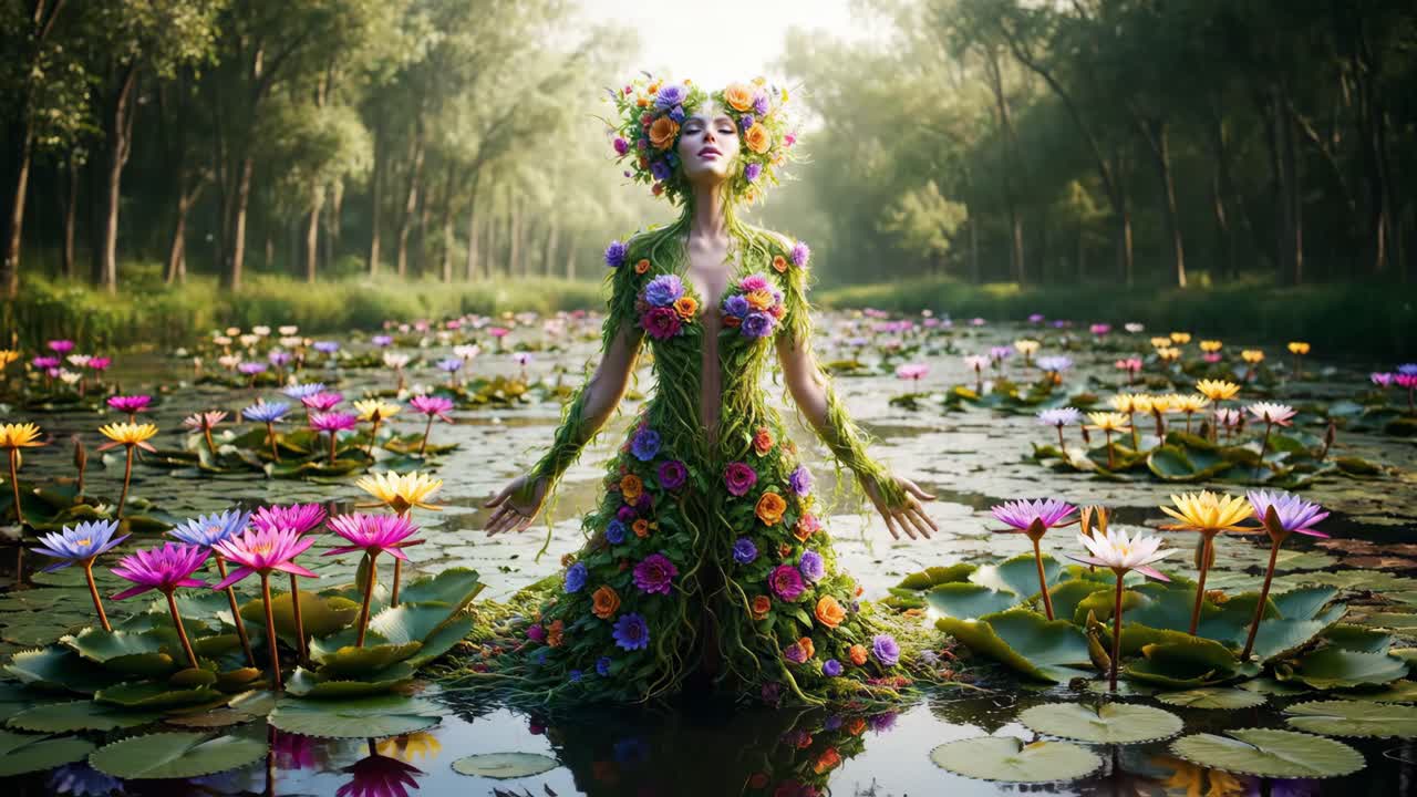Floral Woman in a Water Lily Pond