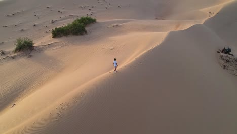 guy walking alone on a huge sand dune in the middle of the desert while the drone spins around the individual revealing the scenery