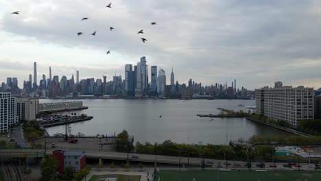 aerial drone view approaching the hudson yards district, from jersey city - birds in frame