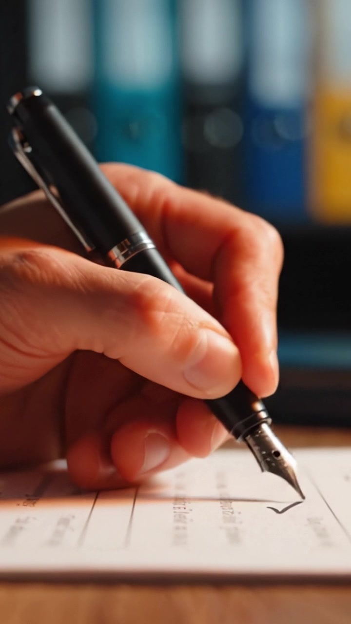 Capturing the Essence of Writing: A Close-Up on Hand Holding a Pen Over a Sheet of Paper with Ink Droplet and Check Mark Signifying Completion or Approval