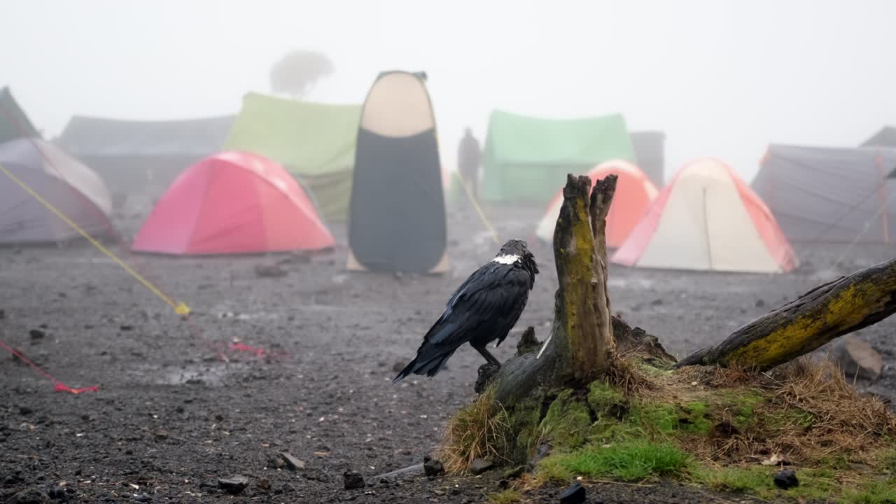 목의 까마귀가 시라 캠프 근처의 텐트 의 가지에 앉아 있습니다.