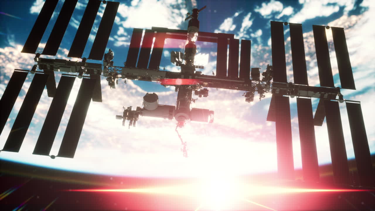 지구  ⁇ 도 위의 우주 공간에 있는 국제 우주 정거장