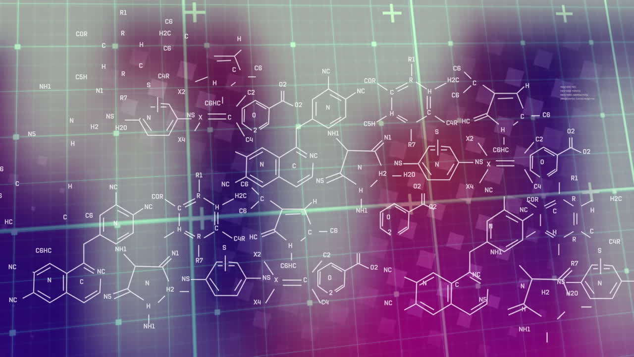 Animation of chemical formulas and data over pink, violet and grey background