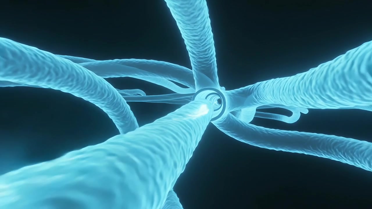 Moving central glowing tube after camera push, entering dark void and revealing ringed openings