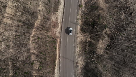 Conducción-De-Automóviles-A-Través-De-Un-Paisaje-Vacío-Donde-Hubo-Incendios-Forestales