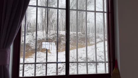 looking outside snowfall in forest nature wonderful cold winter freezing ambient peaceful comfort view from inside home to heavy snow in rural village countryside in hyranian nature