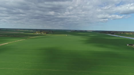 un campo de cultivo verde en primavera con cultivos que crecen a lo largo de un canal de riego - vista aérea en un día nublado