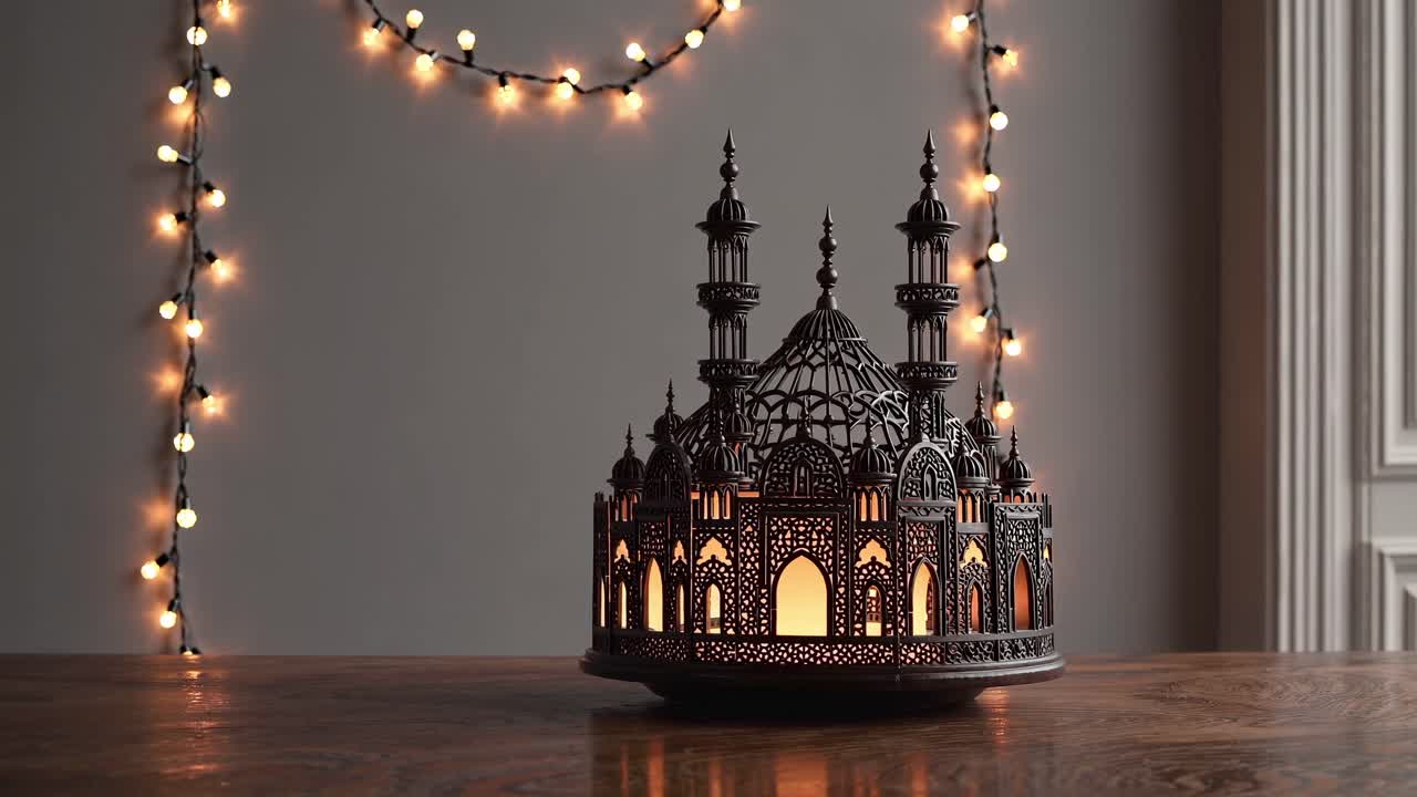 모스크 모양의 램프는 나무 테이블에 따뜻하게 빛나고, 빛은 회색 벽에 대해 부드러운 조명을 만들어 평화로운 라마단 저녁 분위기를 불러일으니다.