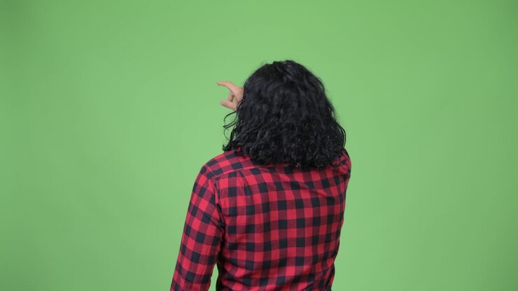 Vista posteriore di un uomo hipster che punta il dito