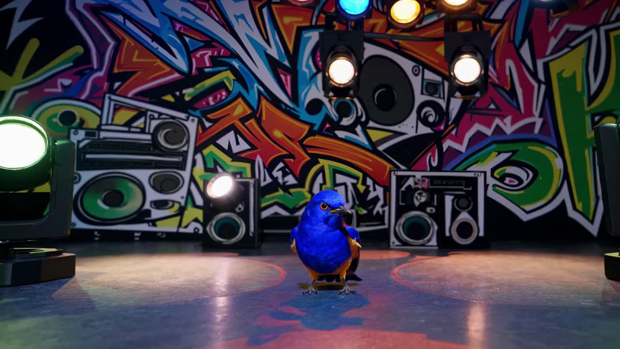 Vibrant blue bird performs dynamic movements on stage, illuminated by colorful lights, showcasing an energetic dance sequence in a lively atmosphere