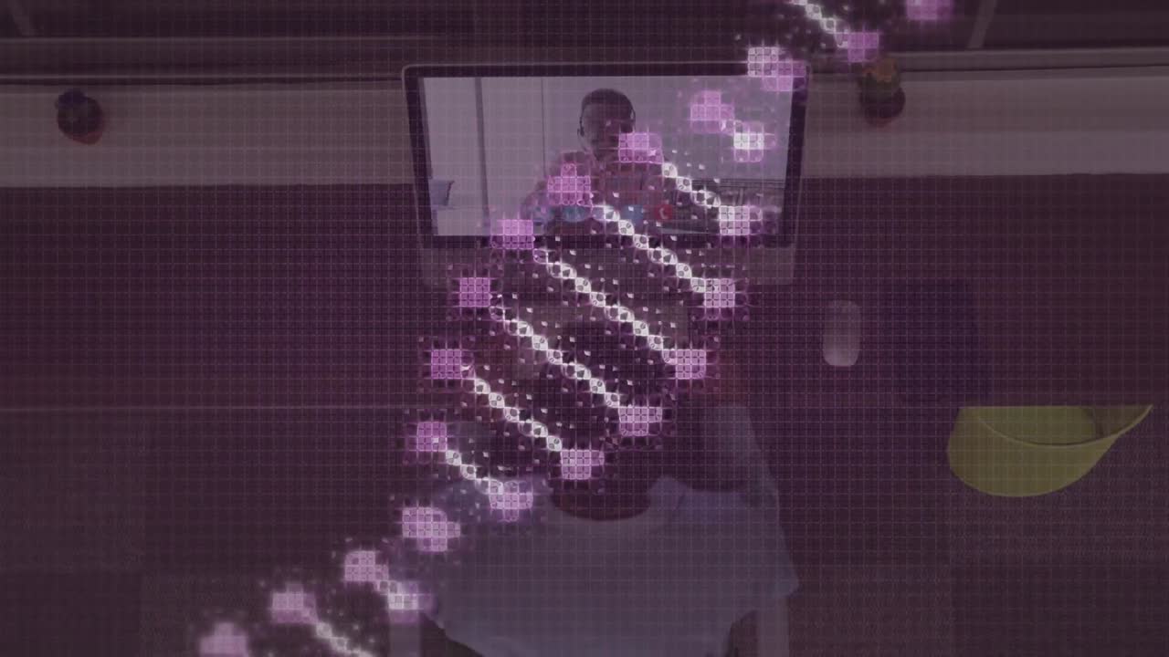 동료와 노트북 비디오 통화를 하는 아프리카계 미국인 사업가 에 대한 dna 스트랜드 의 애니메이션
