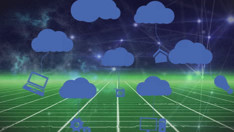 animación digital de iconos de nubes azules sobre la red de conexiones contra la red de red verde