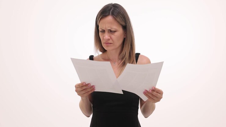 Woman with a disgusted expression looking at documents