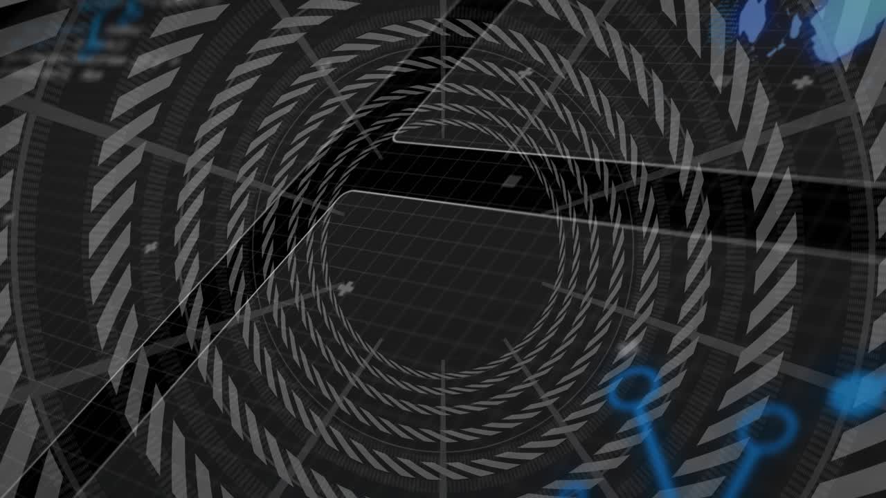 Central cylindrical tunnel shifting inward as HUD sliding in, rings rotating, creating looped title
