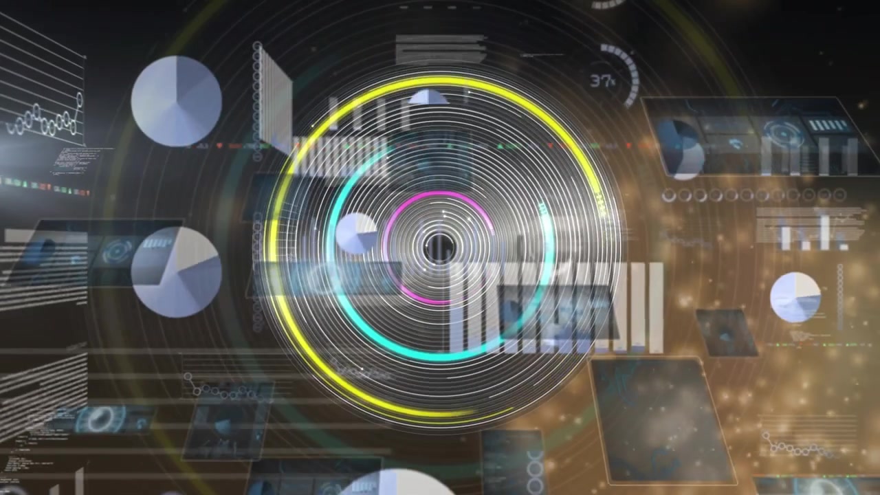 Animation of rotating safe lock and data processing on black background