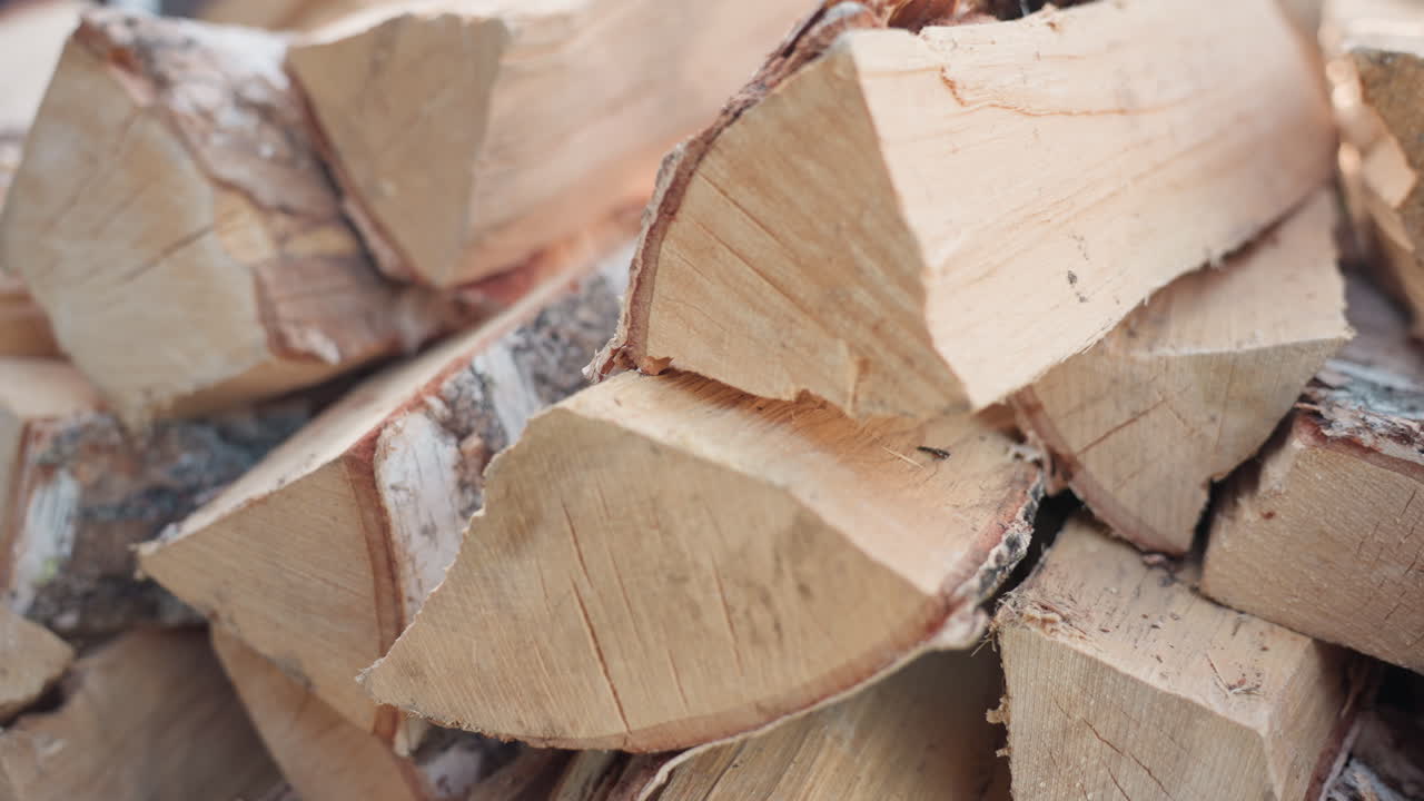 Close up of neatly stacked birch logs showcasing rough bark edges and smooth cut surfaces resting on stone paving under soft natural light against dark wood fence outdoors