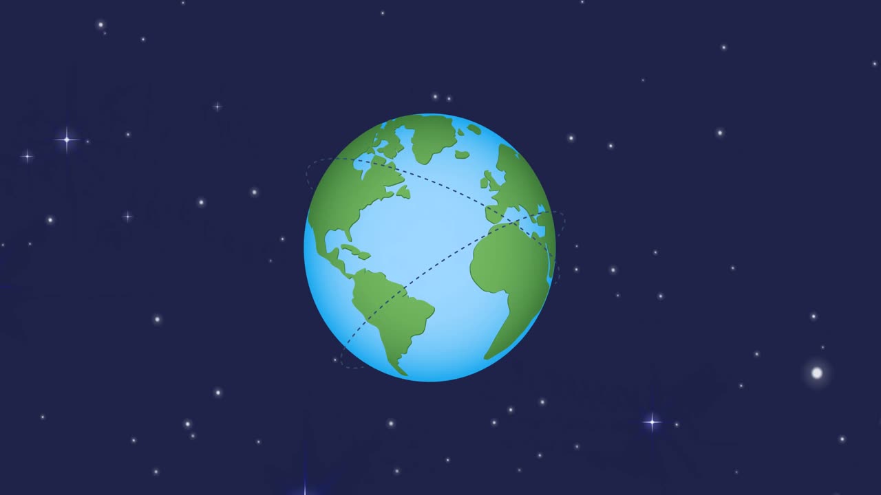 анимация вселенной с планетой земля с траекторией полета и звездами на голубом небе
