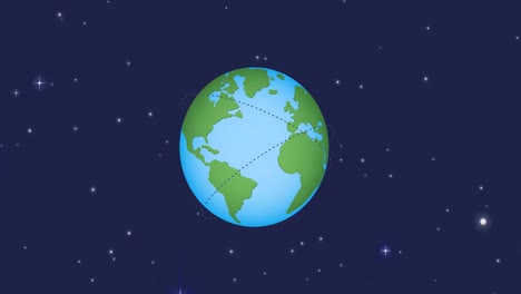 Animation-of-universe-with-planet-earth-with-flight-trajectory-and-stars-on-blue-sky