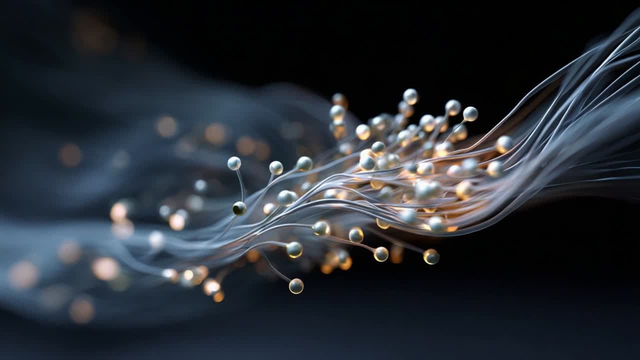 A mesmerizing display of intertwining organic forms, showcasing delicate strands and luminous orbs creating an ethereal wave effect that captivates the observer's imagination and reflects natural beauty