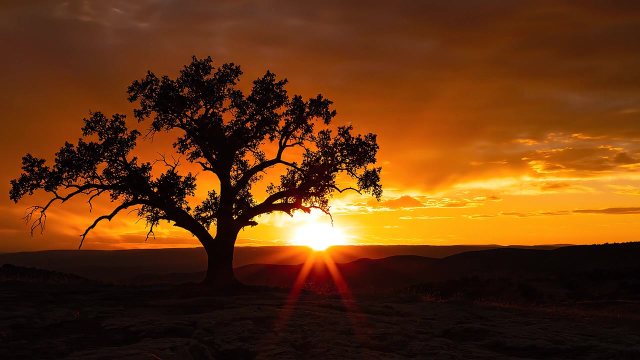 Silhueta de uma árvore solitária contra uma paisagem vibrante de pôr do sol dourado