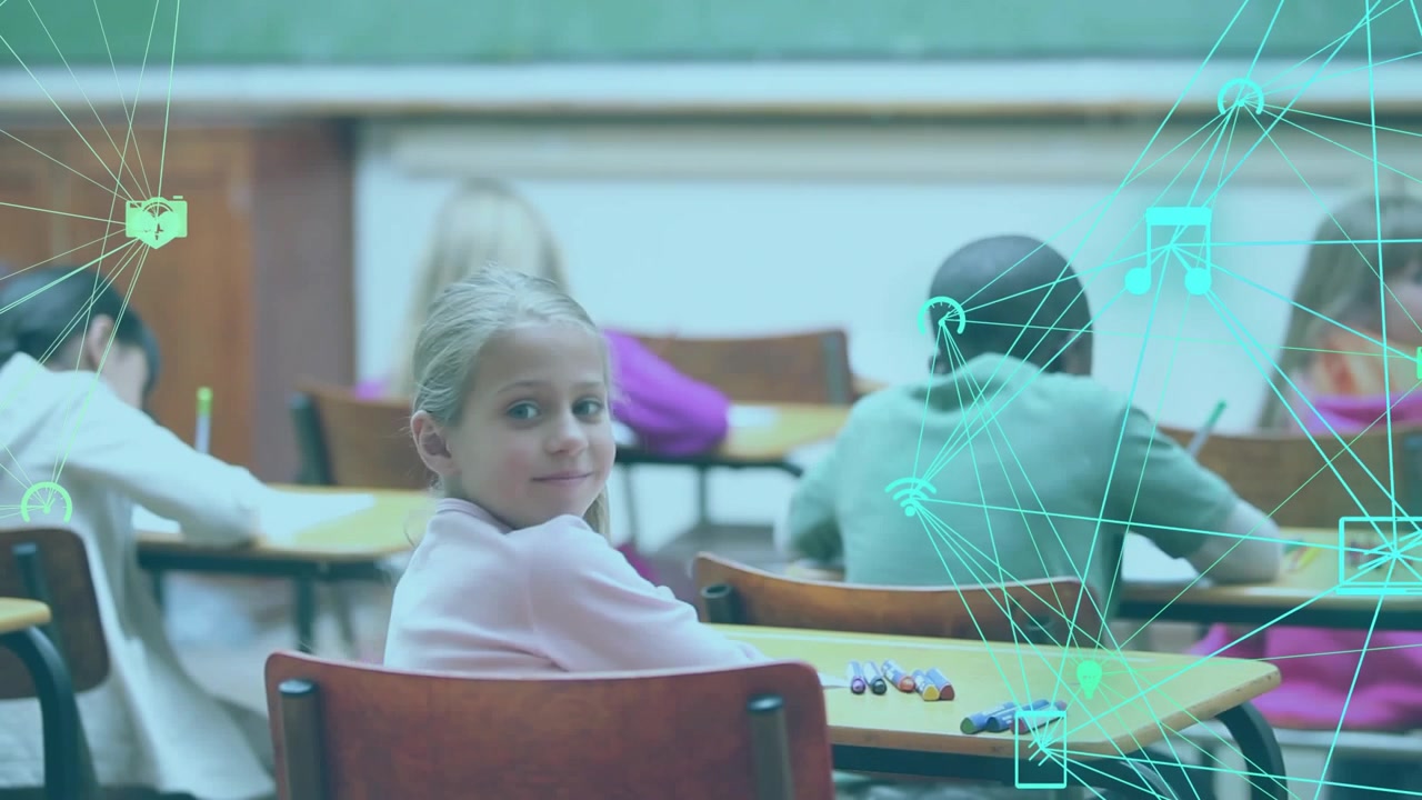 Blonde girl lifting pencil and turning to overlay after network icons fading in during education