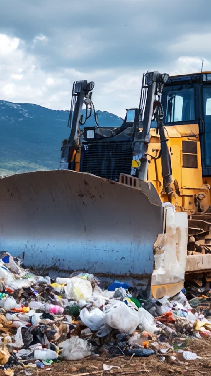 Macchinari pesanti al lavoro in un sito di smaltimento rifiuti per rimuovere detriti e immondizia, con uno sfondo panoramico di natura e montagne sotto un cielo nuvoloso