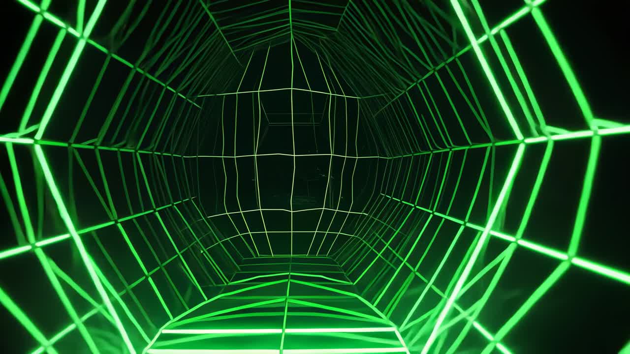Moving camera advancing through neon-green wireframe tunnel, approaching glowing octagonal portal