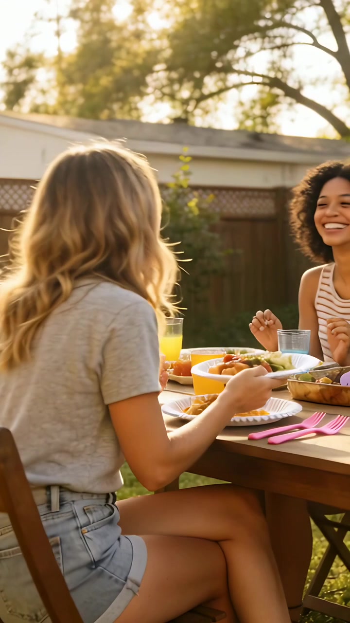 Video vertical: Mujer rubia pasando con camiseta gris, colocando un plato en una mesa de jardín con tazas para compartir.
