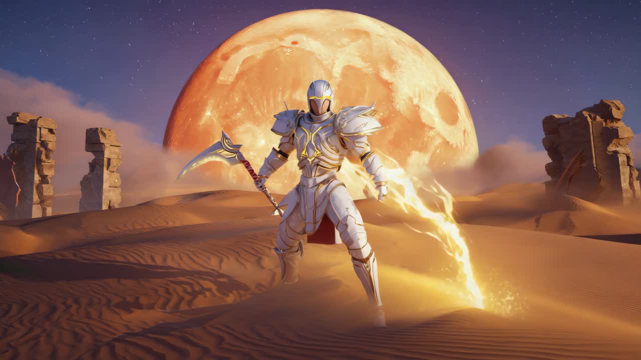 Fantasy Warrior in Desert with Giant Orange Moon