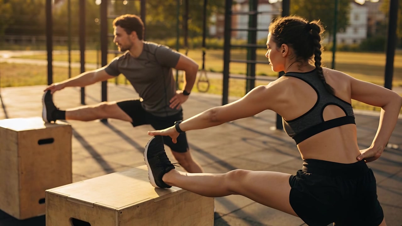 Placing feet on plyo boxes, two partners stretching hamstrings at park in workout gear, warming up