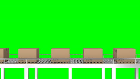 animación de cajas de cartón que se mueven en una cinta transportadora contra un fondo verde