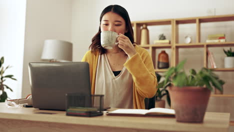 Sonrisa,-Computadora-Portátil-Y-Mujer-Asiática-En-Una-Pausa-Para-El-Café