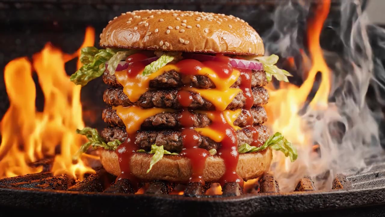 Un Imponente Hamburger Grigliato Circondato dalle Fiamme: La Perfetta Delizia Succosa con Strati di Carne, Formaggio, Lattuga e Salse Audaci per un'Esplosione di Sapore