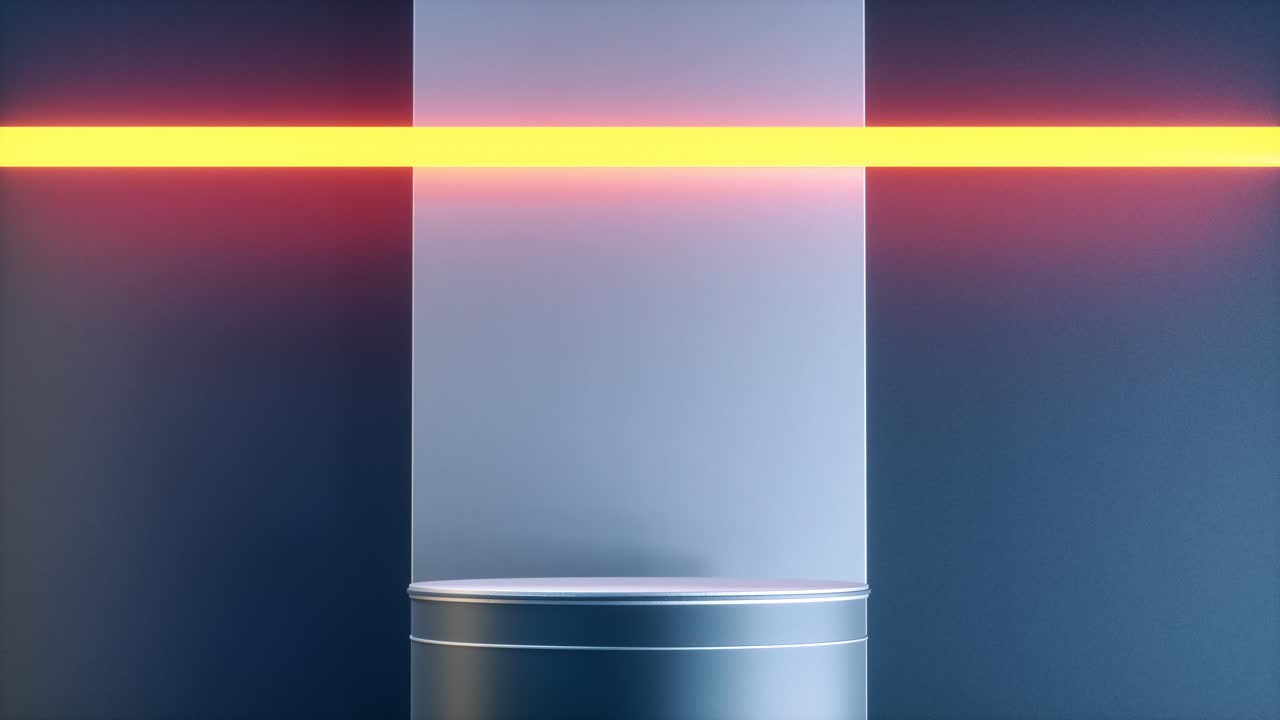Gray 3d render cylinder stand podium with yellow neon light, animation