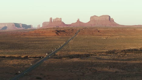 Scenic-Monument-Valley-Route-163-Highway-Road-in-Southwest-Utah-Desert,-Aerial