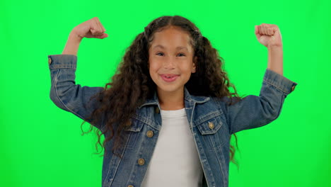 Face,-green-screen-and-girl-flexing-arms