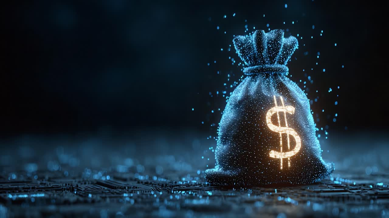 Una straordinaria rappresentazione visiva della ricchezza: un etereo sacco di denaro con effetti di luce squisiti e accenti scintillanti, che simboleggia prosperità finanziaria e abbondanza