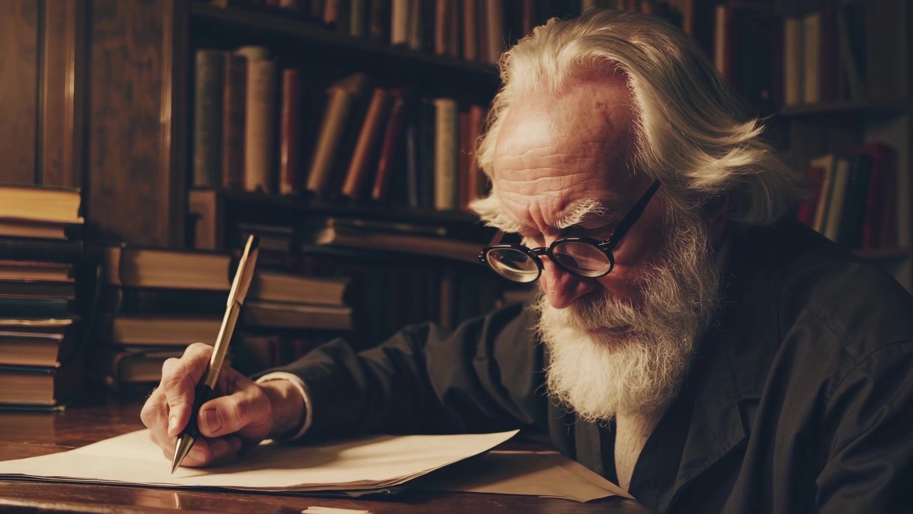 Elderly Man with White Beard Writing at a Desk in a Library