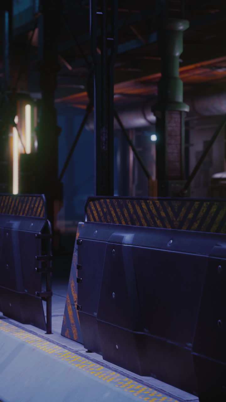 interior industrial oscuro con barreras de acero