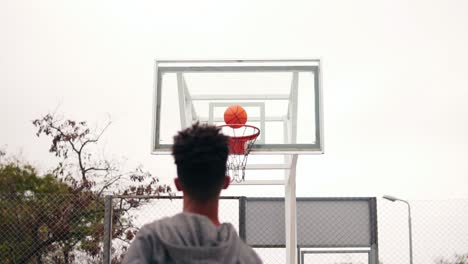 back view of unrecognizable african player jumping up and throwing ball in a basketball hoop, the ball hits the ring and scores