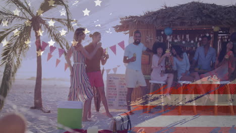 Celebrating-on-beach,-people-enjoying-drinks-over-American-flag-animation