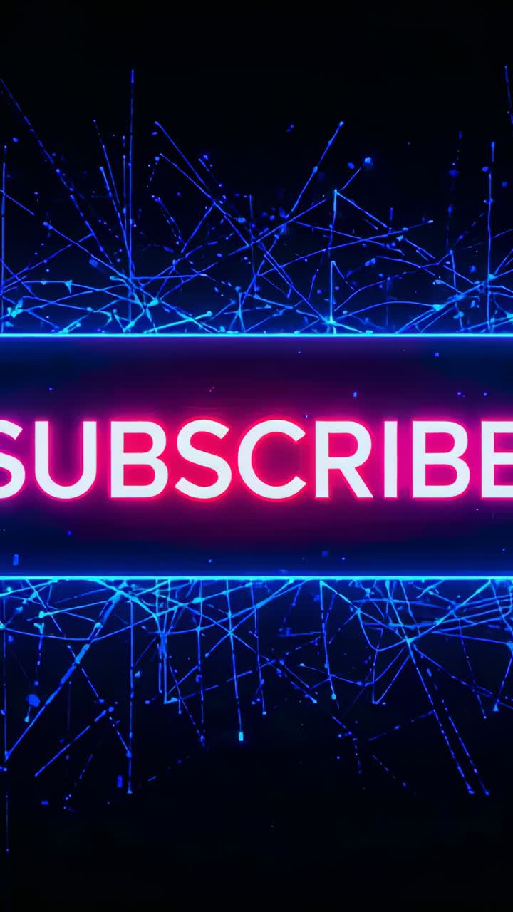 Vertical video: Looping SUBSCRIBE sign pulsing on black shifting blue border dots promoting signup